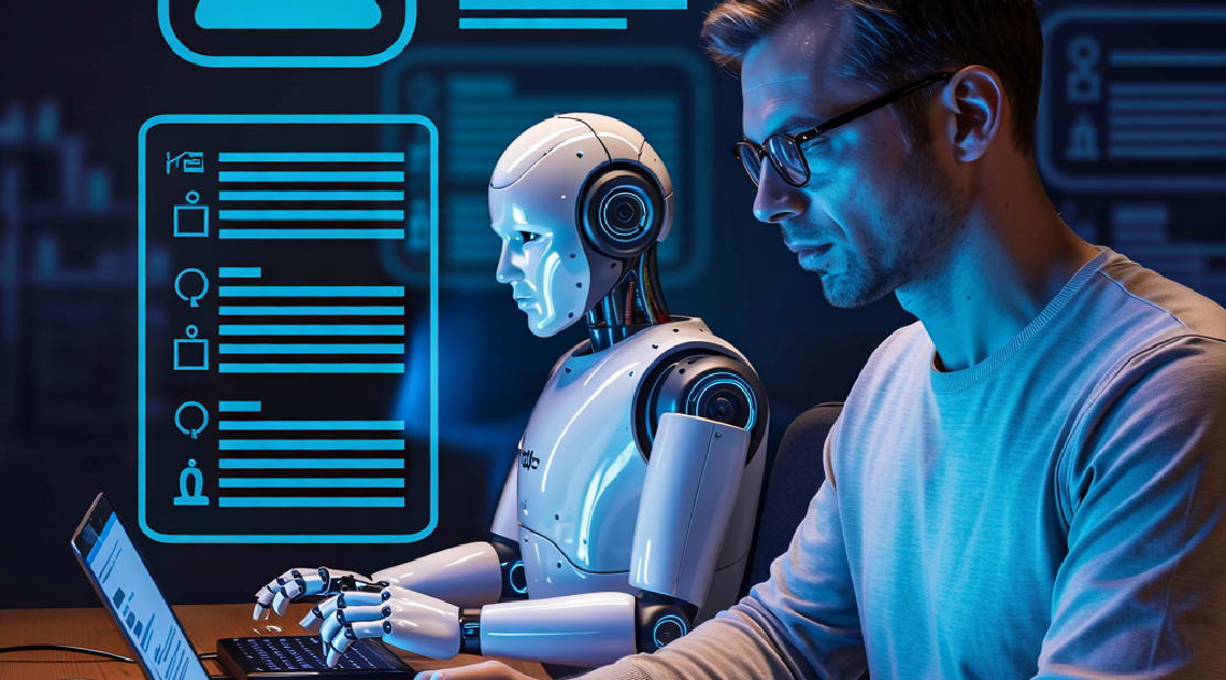 Man and robot typing on laptops side by side, with digital icons for images and text floating above them.