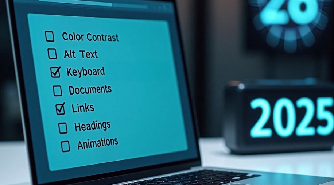 Timer shows 28 and 2025 next to a mostly unchecked checklist for testing website accessibility: color contrast, alt text, keyboard, documents, links, headings, animations.